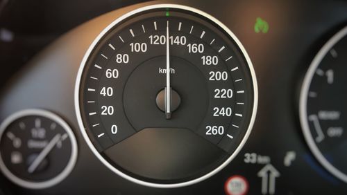 Close-up of speedometer in car