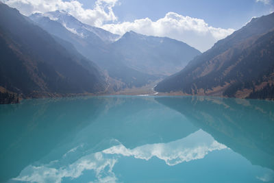 Scenic view of lake and mountains against sky