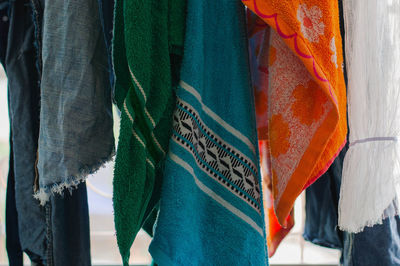 Close-up of multi colored clothes hanging for drying