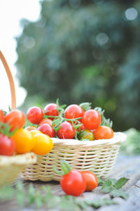 Close-up of cherry tomatoes in baskets on table