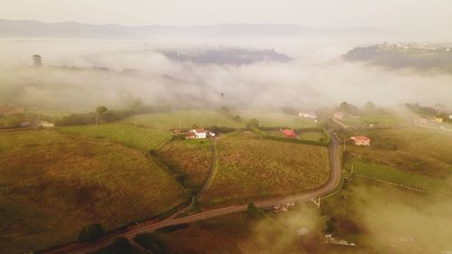 High angle view of agricultural field against sky
