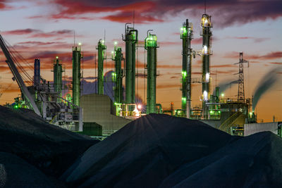 Panoramic view of factory against sky during sunset