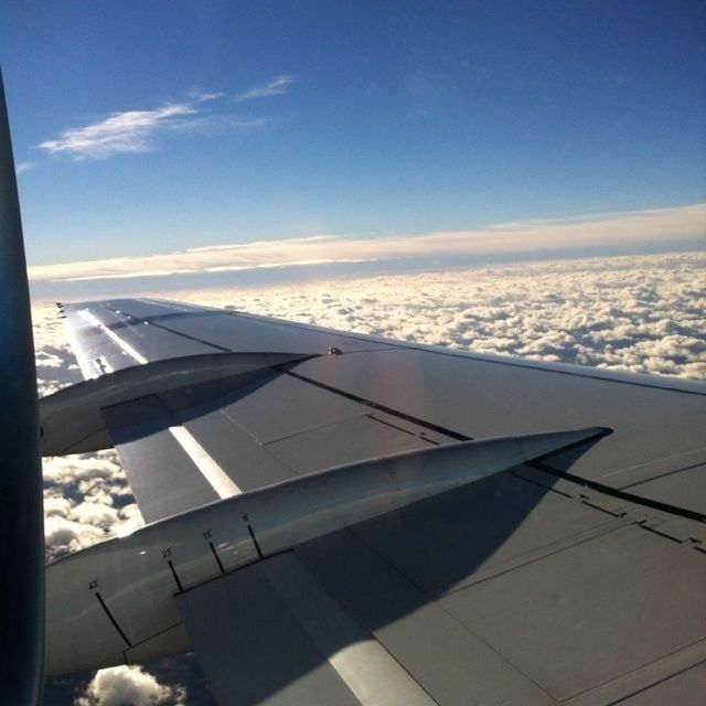 airplane, flying, air vehicle, aircraft wing, transportation, mode of transport, part of, sky, cropped, mid-air, aerial view, cloud - sky, travel, on the move, journey, airplane wing, public transportation, cloud, aeroplane, nature