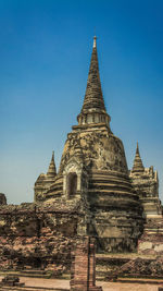 Low angle view of temple against clear blue sky