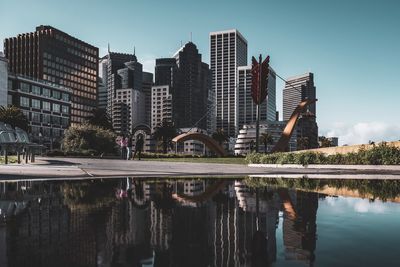 Reflection of buildings in lake against sky