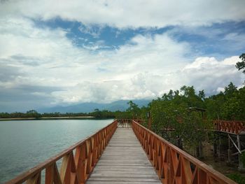 Wooden footbridge along plants and trees against sky