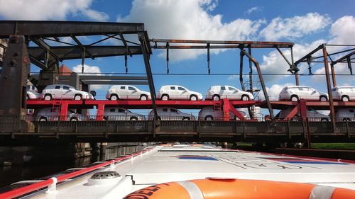 Train on bridge against sky