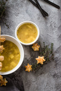 High angle view of soup in bowl on table