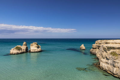 Rocks in sea against blue sky