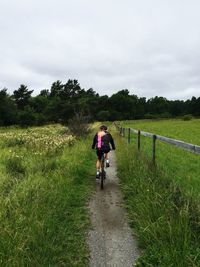 Man riding bicycle on field against sky