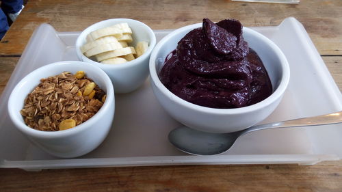 High angle view of food in bowl on table