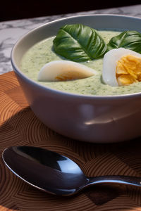 Close-up of soup in bowl on table