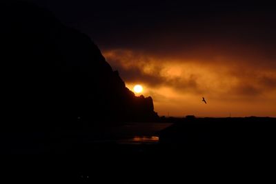 Silhouette of birds flying against sunset sky