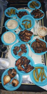 High angle view of food in plate on table