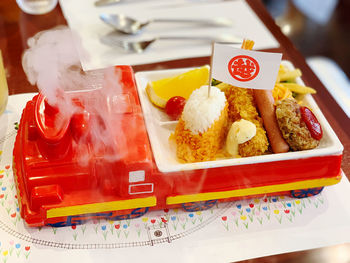 High angle view of meal served on table