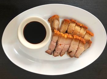 High angle view of food in plate on table