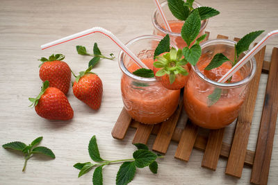 High angle view of strawberries on table