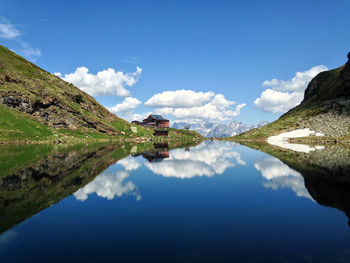 Scenic view of lake and mountains against sky