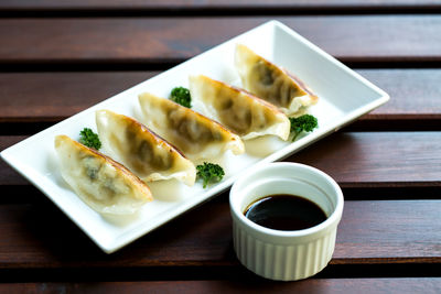 High angle view of food in plate on table