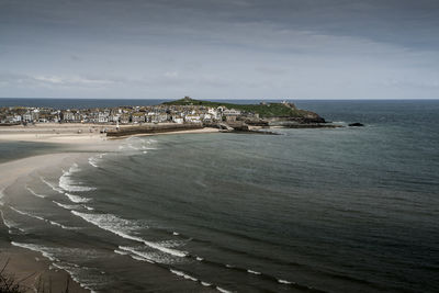 Scenic view of beach against cloudy sky