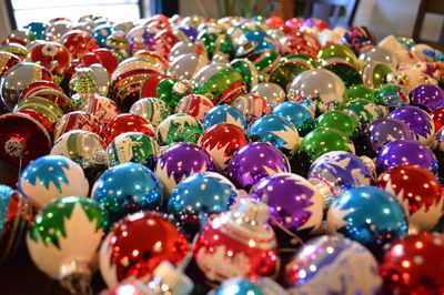 Close-up of multi colored christmas decorations