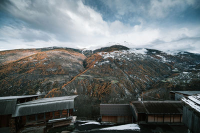 Snow covered buildings against sky