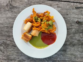 High angle view of food in plate on table