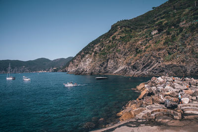 Scenic view of sea against clear blue sky