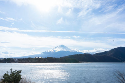 Scenic view of lake and mountains against sky