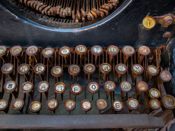 High angle view of old coins on table