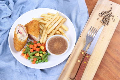 High angle view of meal served on table