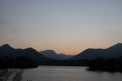 Scenic view of lake against clear sky during sunset