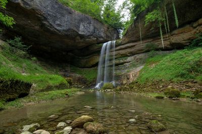 Water falling from rocks in forest