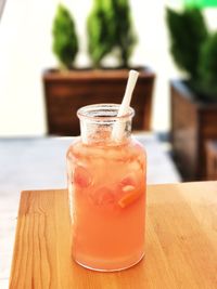 Close-up of drink served on table