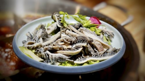 High angle view of noodles in bowl on table