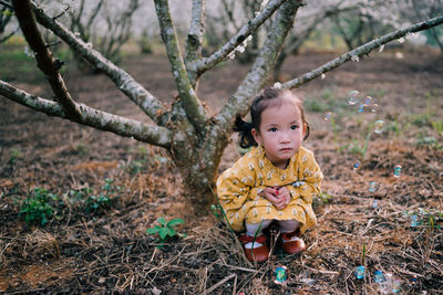 Portrait of cute baby girl sitting on tree