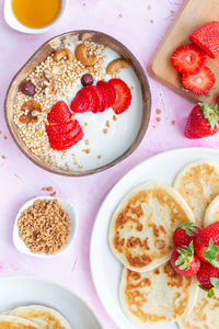 High angle view of breakfast served on table