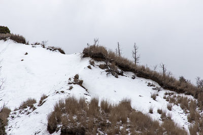 Scenic view of snow covered land against sky