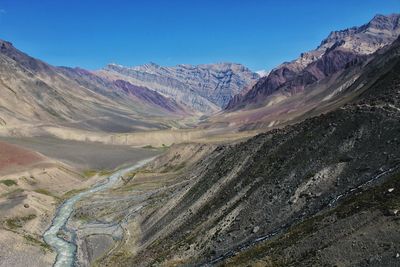 Scenic view of mountains against clear blue sky