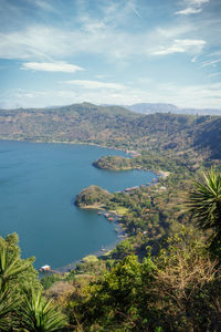 High angle view of bay against sky