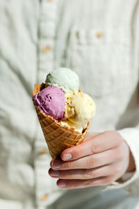 Close-up of hand holding ice cream cone