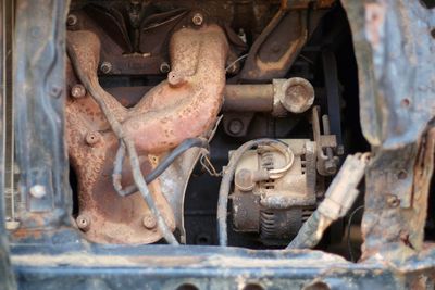 Close-up of rusty machine part of train