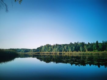 Scenic view of lake against clear blue sky