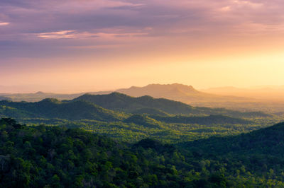 Scenic sunset landscape, sun over mountain at mae moh lampang in thailand.