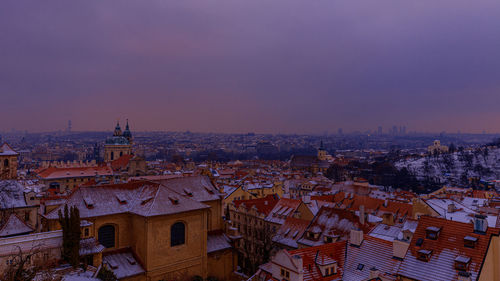 High angle view of townscape against sky at sunset