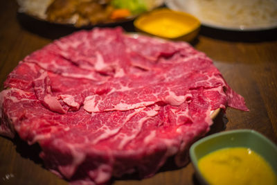 High angle view of meat on table