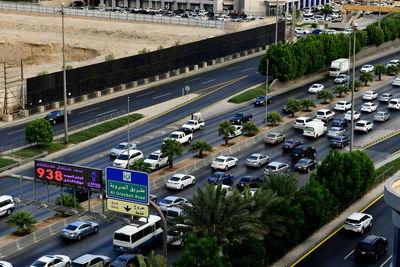 High angle view of traffic on road in city