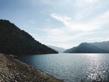 Scenic view of lake and mountains against sky