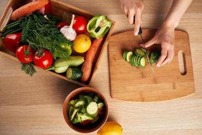 High angle view of vegetables on table at home