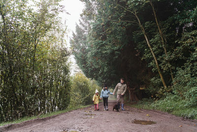 Father and two daughters on road amidst trees in forest